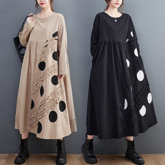 DOT FRILL LINED OBLONG NECK A-LINE MIDI DRESS 2colors M-6861