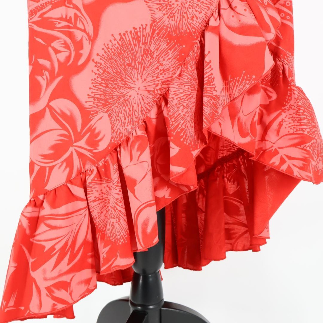 【美品 日本製 フラダンス衣装】レッド MermaidLine MMJ マーメイドライン ワンピース ドレス 赤 プルメリア柄 花柄 フリル