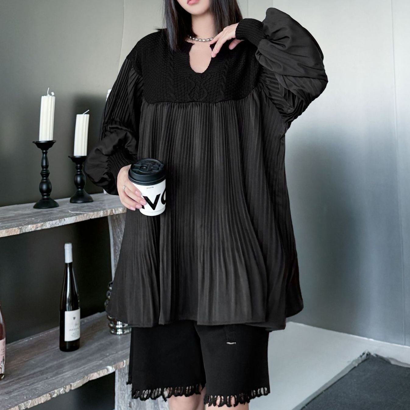 SLIT NECK KNIT STITCH A-LINE PLEATED PULLOVER TOP 2colors M-15153