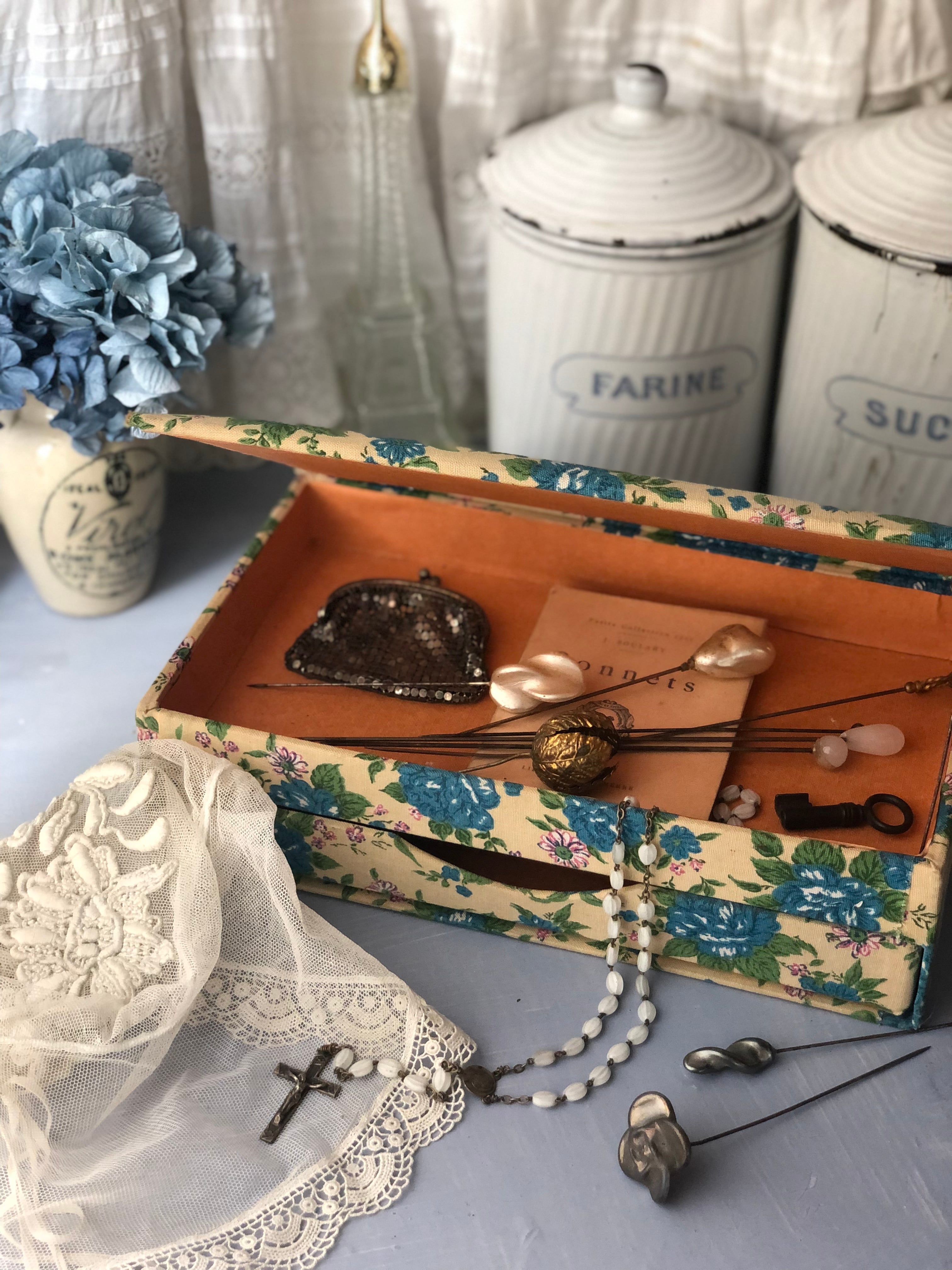 ブルー 花柄 カルトナージュ 引き出し付き | Brocante de La Cocotte