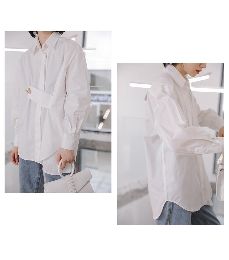 ホワイト 無地 シンプル アシンメトリーヘム 長袖 白シャツ ボタン