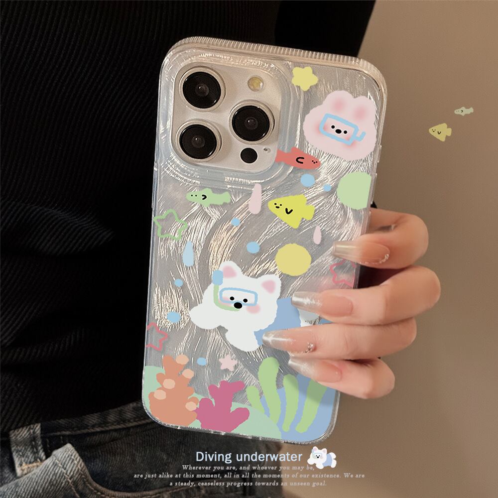 【iPhone16対応】ダイビングしてて可愛い◎ワンちゃん ウサギさん シルバー 海底 ラヴィット シュノーケリング かわいい スマホケース ND-15403