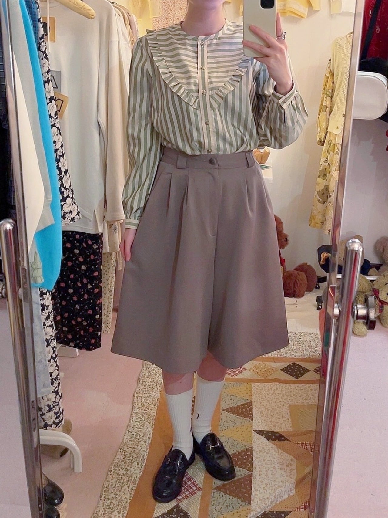 melon gold line stripe frill blouse