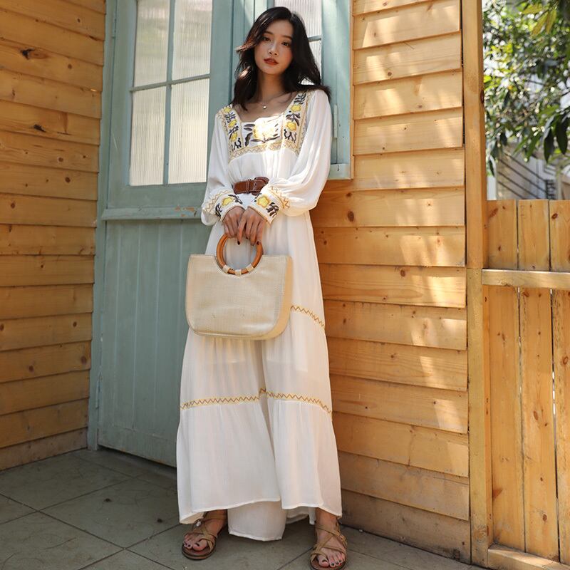 スタンダードスタイルホワイトロングスカート 刺繍Flowerデザイン ドレス レトロ フラワーデザイン 延命家ファッション7149861