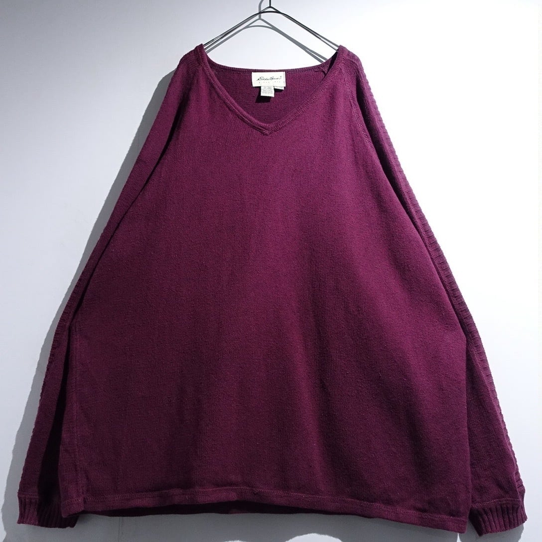 00s "Eddie Bauer" Wine Red Cotton V-Neck Knit
