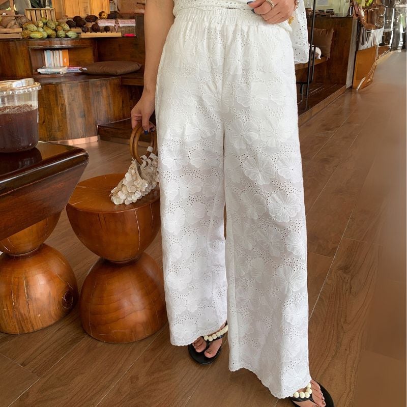 Eyelet embroidered floral wide pants 00434
