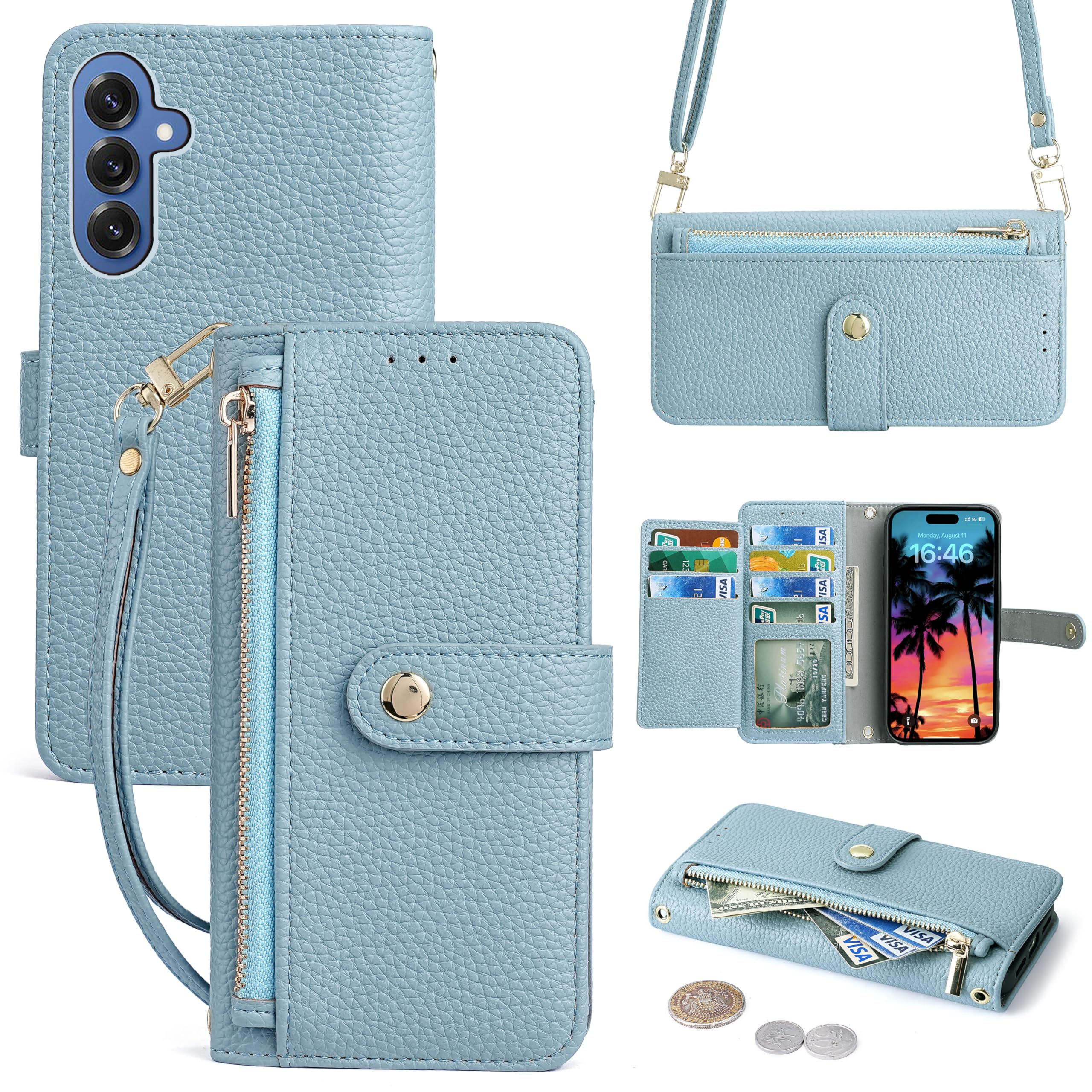 Vokpok対応 Samsung Galaxy S25/S24 通用 ケース 手帳型 ショルダー 強力マルチカード収納 スタンド機能 ギャラクシー S25/S24 財布型ケース 肩掛け 斜めがけ 手首かけ、掛けストラップ付き おしゃれ実用性 ジッパー小銭入れ Galaxy S25/S24 スマホケース PUレザー ある滑らかな手触り 贈り物Galaxy S25 ケース, ライトブルー