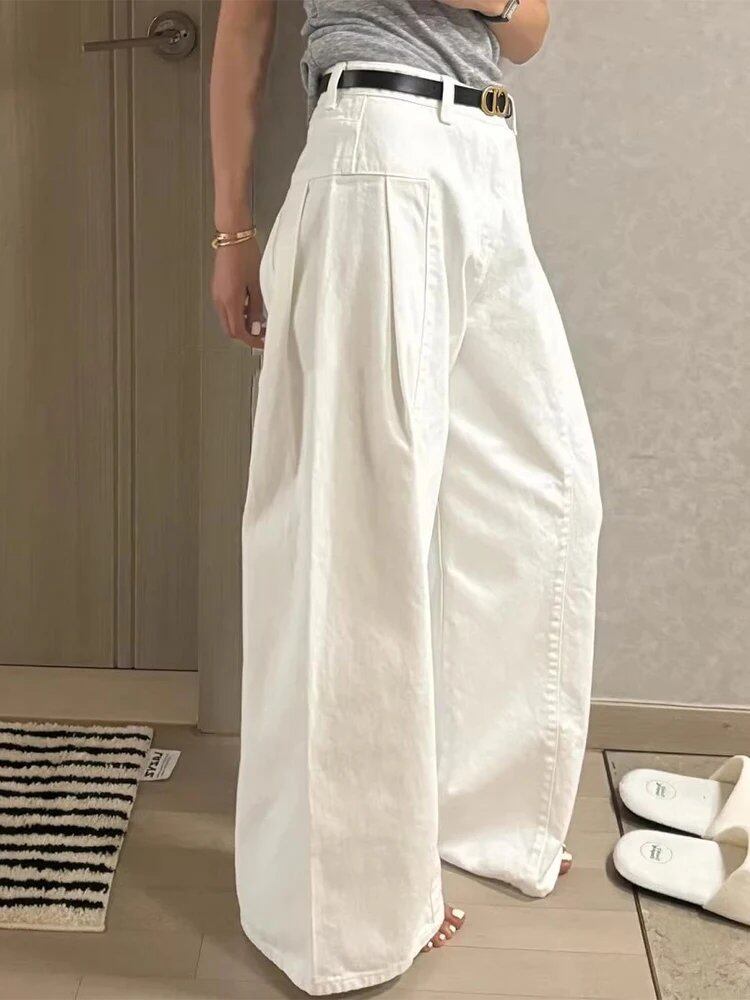 春の新作シックなハイウエストワイドレッグデニムジーンズ レディースストレートレッグロングパンツ ウォッシュドデザイン 細見え効果 ブルー ジーンズ