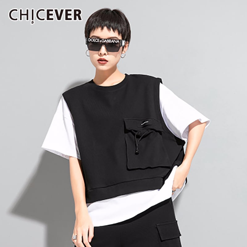 CHICEVERフェイクツーピースレディースTシャツOネック半袖パッチワークポケットヒットカラーシャツ2020年夏 ショート ハーフスリーブ サマー 夏物 6base517058509169
