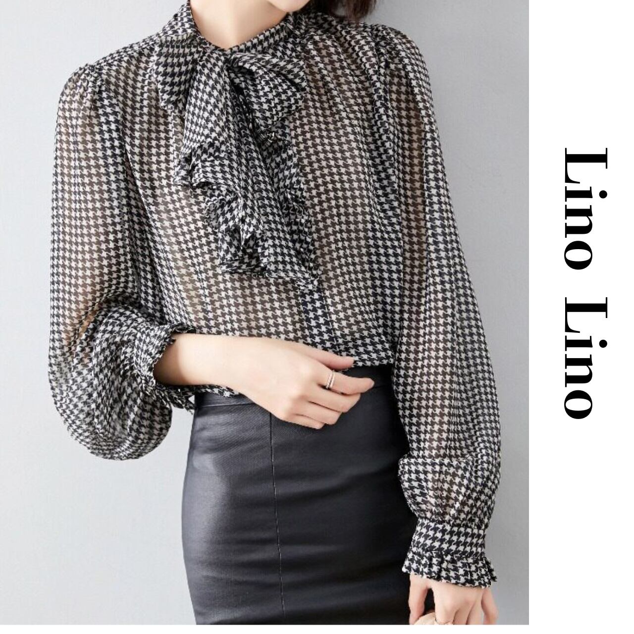 Bow Tie Long Sleeve Houndstooth Blouse L00850
