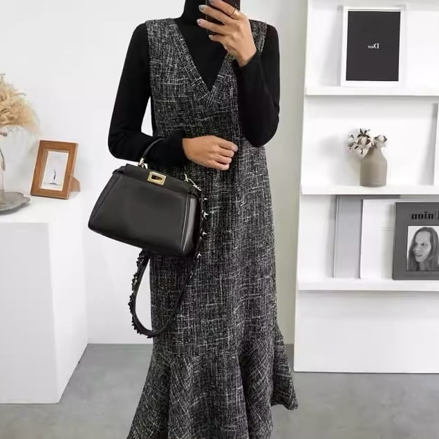 Vネックノースリーブツイードマーメイドワンピース【051027】 | ROSE AURA