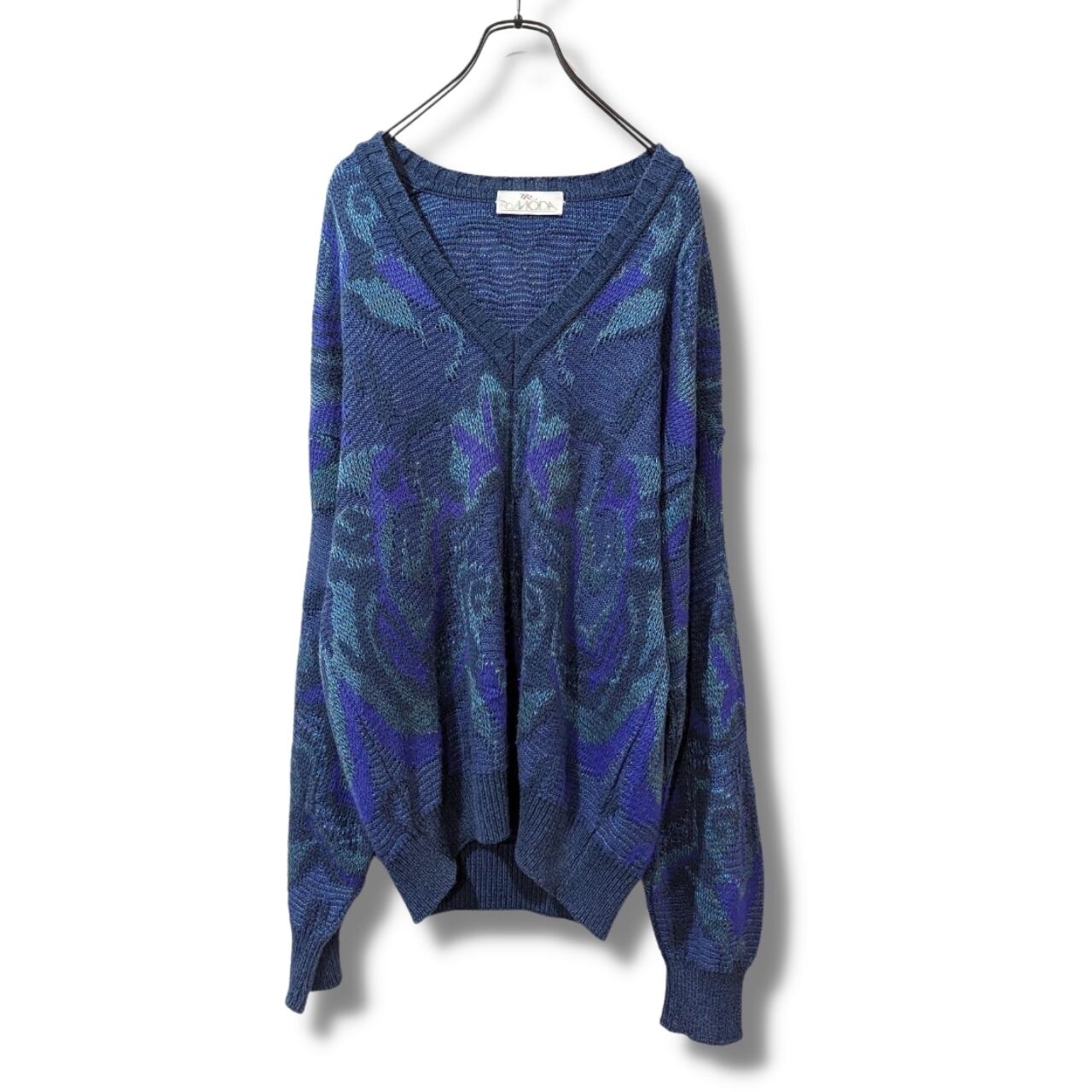 コットンニット 古着 デザインニット ブルー レイヤード BD12