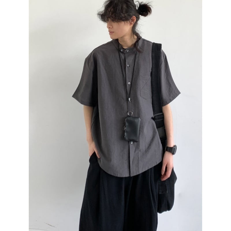 jiwuusスタンドカラーカジュアル半袖シャツ