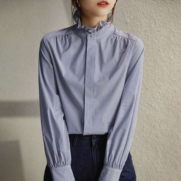 Stand frill striped blouse TB-TO-0551