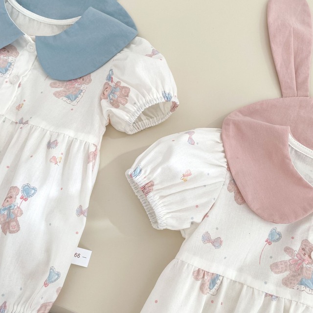 【BABY】風船くまプリントうさ耳襟半袖ロンパース - 12