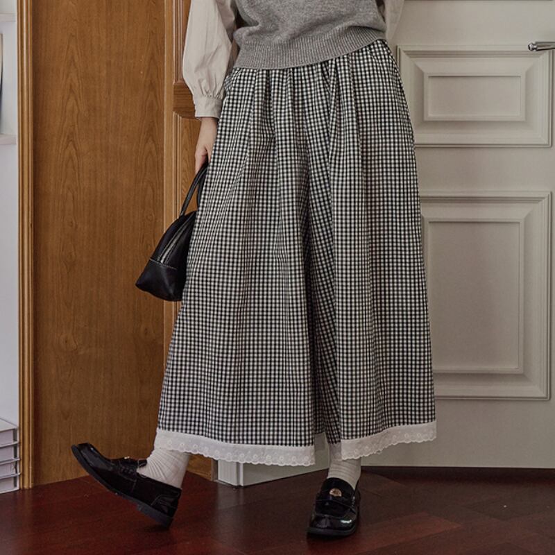 レースチェック柄ワイドレッグパンツ M1891