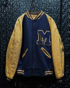 【ÆIEM】"COUCH"vintage M big detail leather sleeve varsity jacket navy × mustard