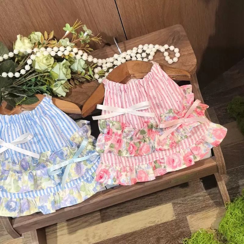 ストライプ×ローズ柄切り替えワンピース 犬服 01207