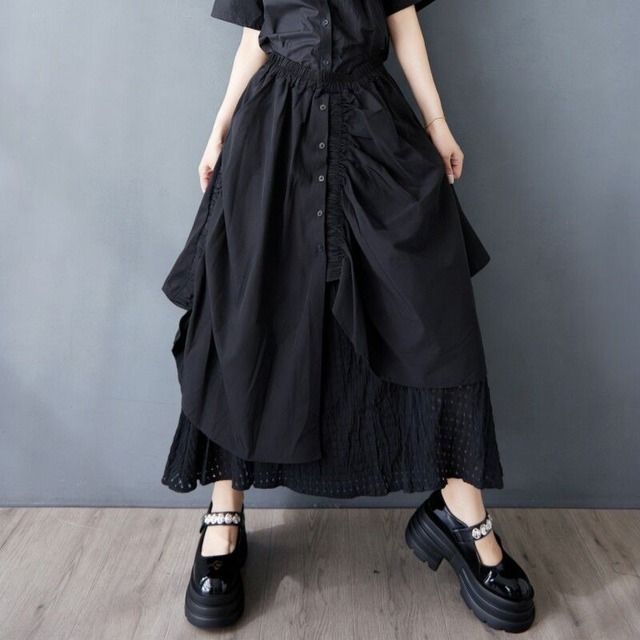 DRAWSTRING ASYM LACE PANEL MIDI A-LINE SKIRT M-17408