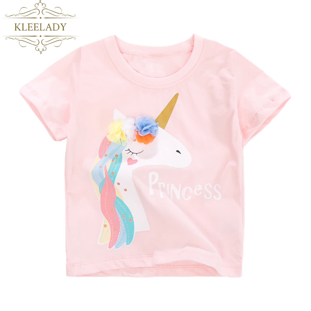 プリンセスユニコーン柄Tシャツ　半袖　うまデザインTシャツ　女の子トップス　カジュアル シンプル　幼稚園　保育園　小学校　綿肌ざわり通気性抜群な綿100％♪　お出掛けの 日にオススメです