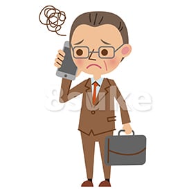 イラスト素材:スマートフォンで通話する中年のビジネスマン/困った表情(ベクター・JPG)