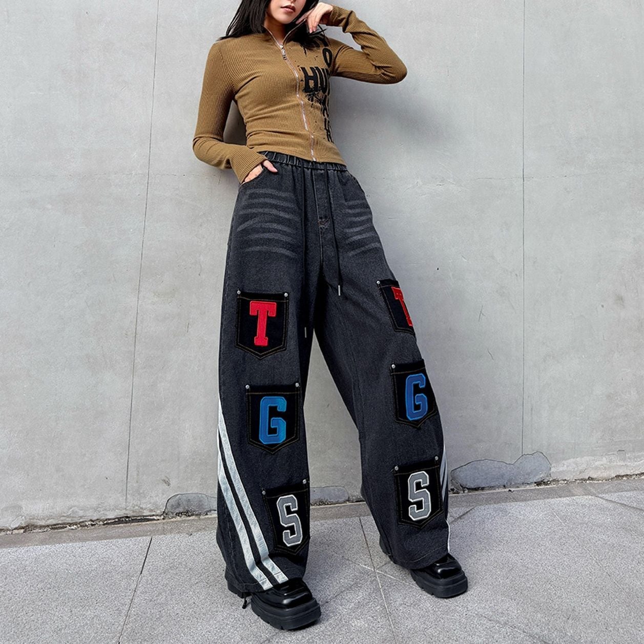 ELASTIC WAIST PATCH POCKET SIDE LINE WIDE LEG DENIM PANTS 1color M-16086