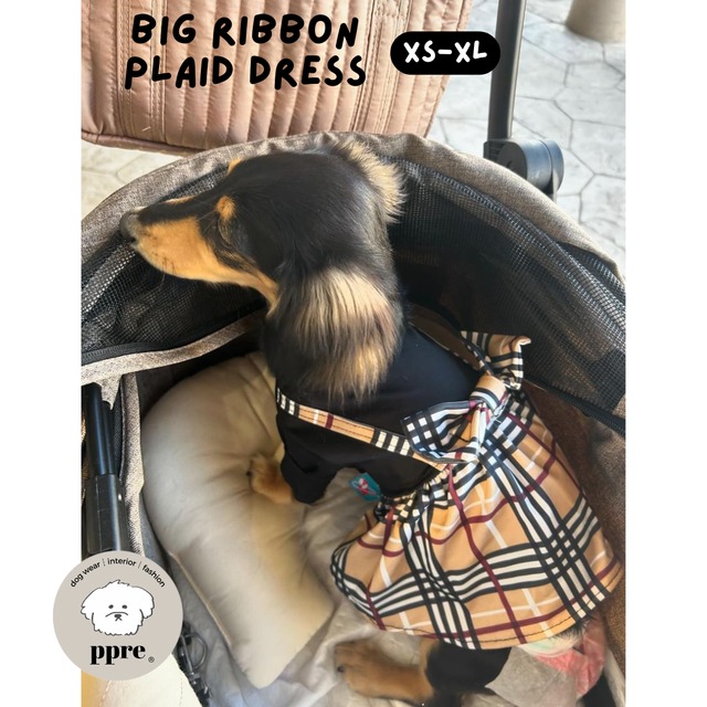 ビッグ リボン チェック ワンピース 犬服 ドッグウエア レイヤード スカート ガーリー ボタン