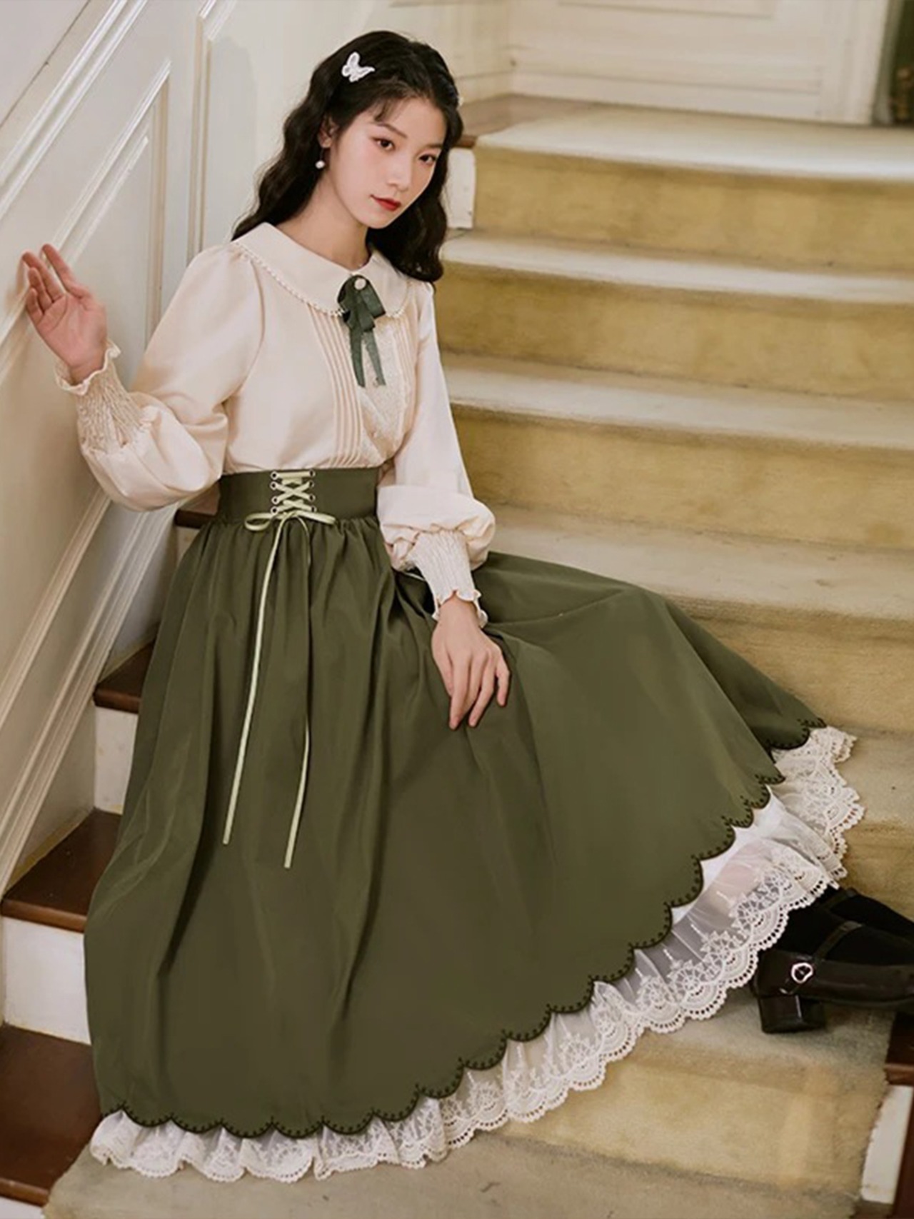 【0227】Vintage French Style Long Sleeve 2 Piece Set