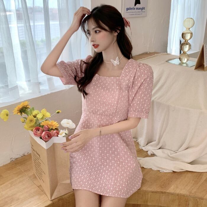 スプリングドレス ワンピース 刺繍カラースタンダードショートスカート フローラルAライン レトロ 春物 花柄 スクウェア 1号婦人39207678326