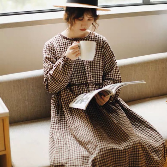 かわいいドレス スタイル 綿とリネン 格子スカートワンピース ドレス 長袖 きれいめ ロング 大きいサイズ かわいい チェック 春冬 シンプル レディース 韓国 カジュアル 大人 レトロ 30代 40代 50代 OP-245KMY