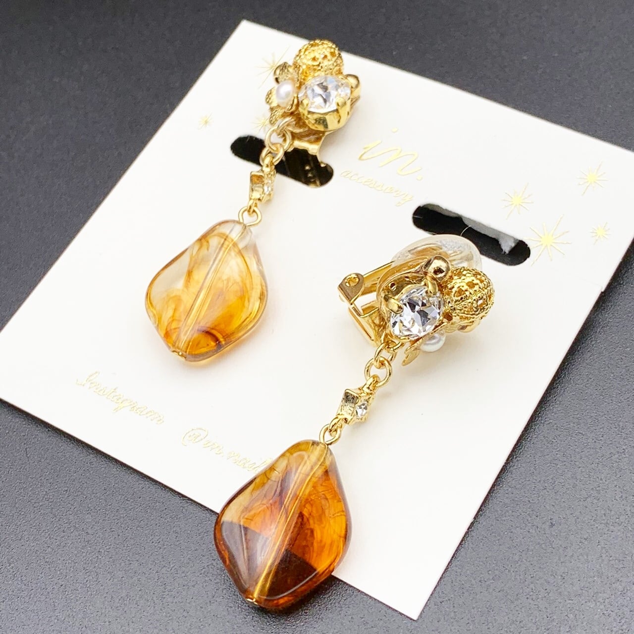 キラキラビジュー×変形べっ甲ピアス／イヤリング | CARA handmade