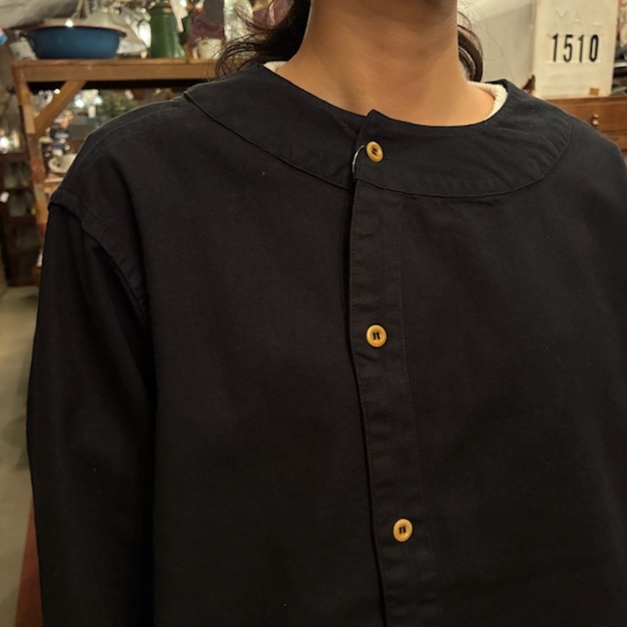 France type Farmer's shirt　フランスタイプ　ファーマーズシャツ　リネン　ロングスリーブ　ブラック染　クロ　黒　ファッション　ユニセックス　軍物　フランス軍　ミリタリー　後染め
