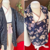 【受注製作】夜桜柄キモノ被布リンクコーデ 3点セット・95男の子の祝い着