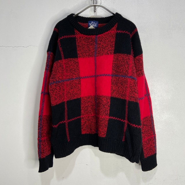 80s Woolrich チェック柄セーター ウールニット ブラック レッド L