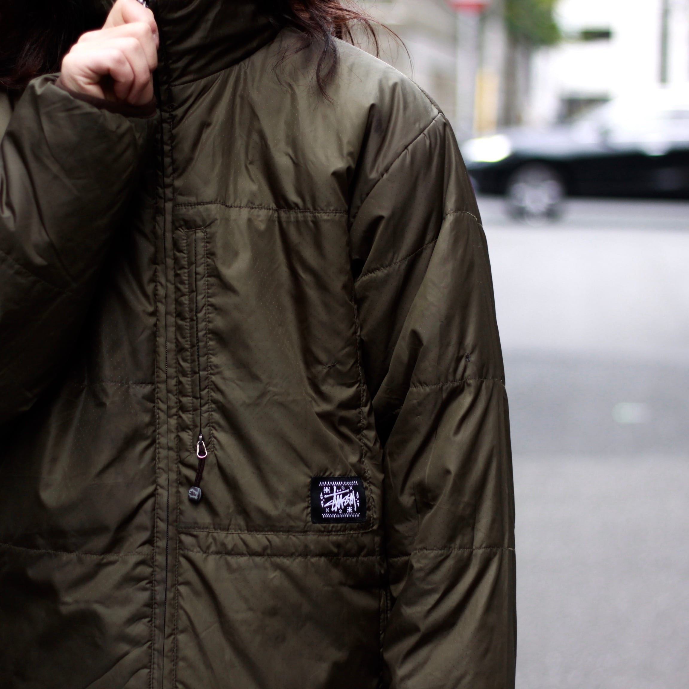 0539. 2000's old stussy reversible puff jacket オリーブ×ブラウン