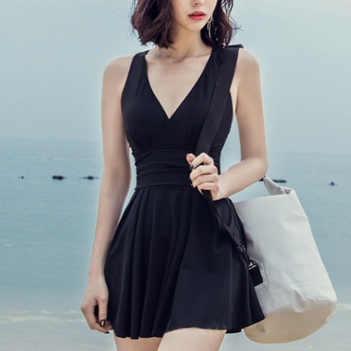 ワンピース水着 レディース 水着 スカート水着 フレアスカート 体型カバー ハイウエスト Ｖネック バックシャン 黒 ブラック ワインレッド 無地 可愛い おしゃれ スイムウェア ビーチウェア 夏