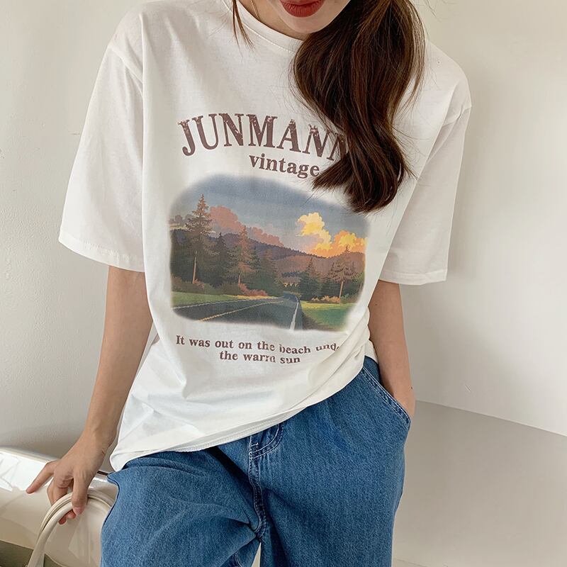 プリント柄ラウンドネックTシャツ シャツ サマーホワイト薄手 夏物 Oネック ビッグFスモールZ韓国38509311337