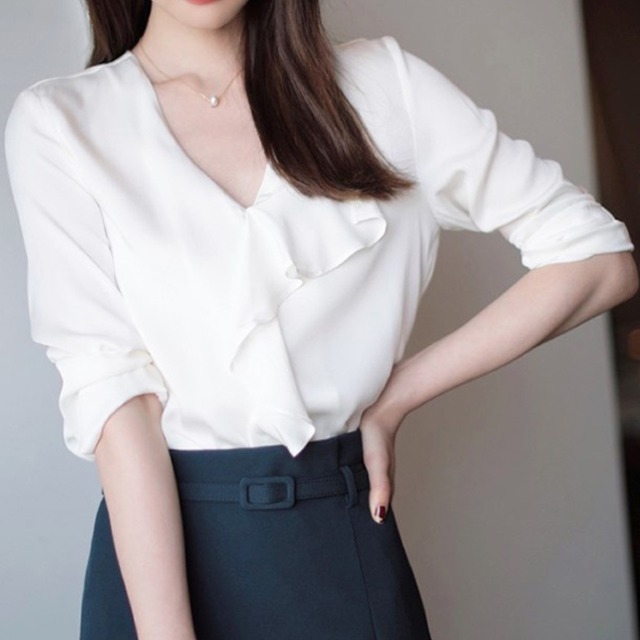 V neck elegant chest ruffle slim shirt