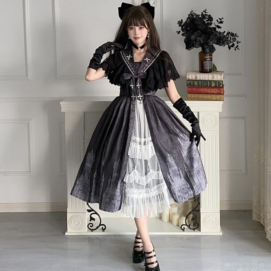 即納 ブラック ホワイト Mサイズ ゴスロリ セットアップ ケープ