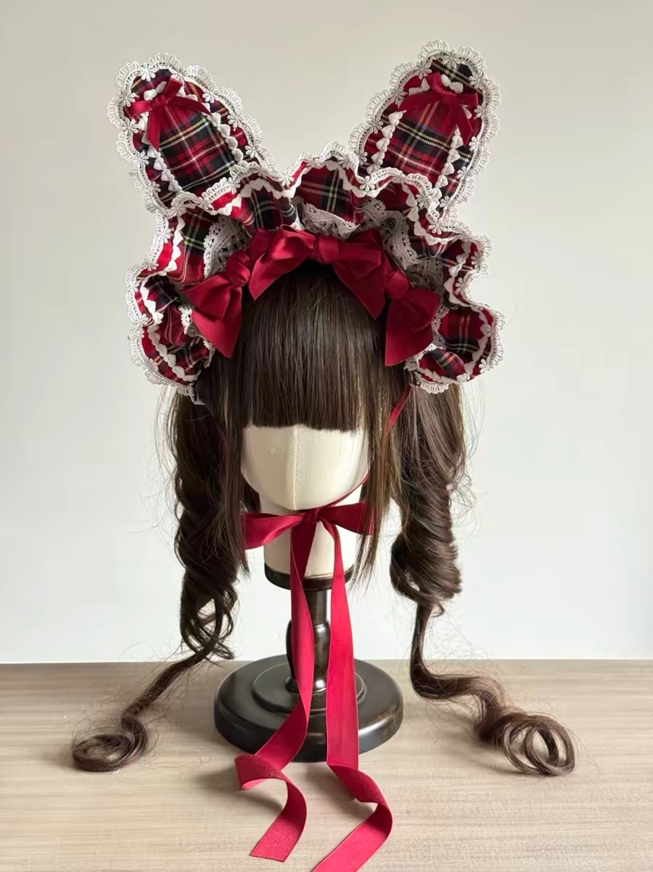 ♡ MAID ギンガムチェック柄うさみみフリルレースリボンハーフボンネット red ♡