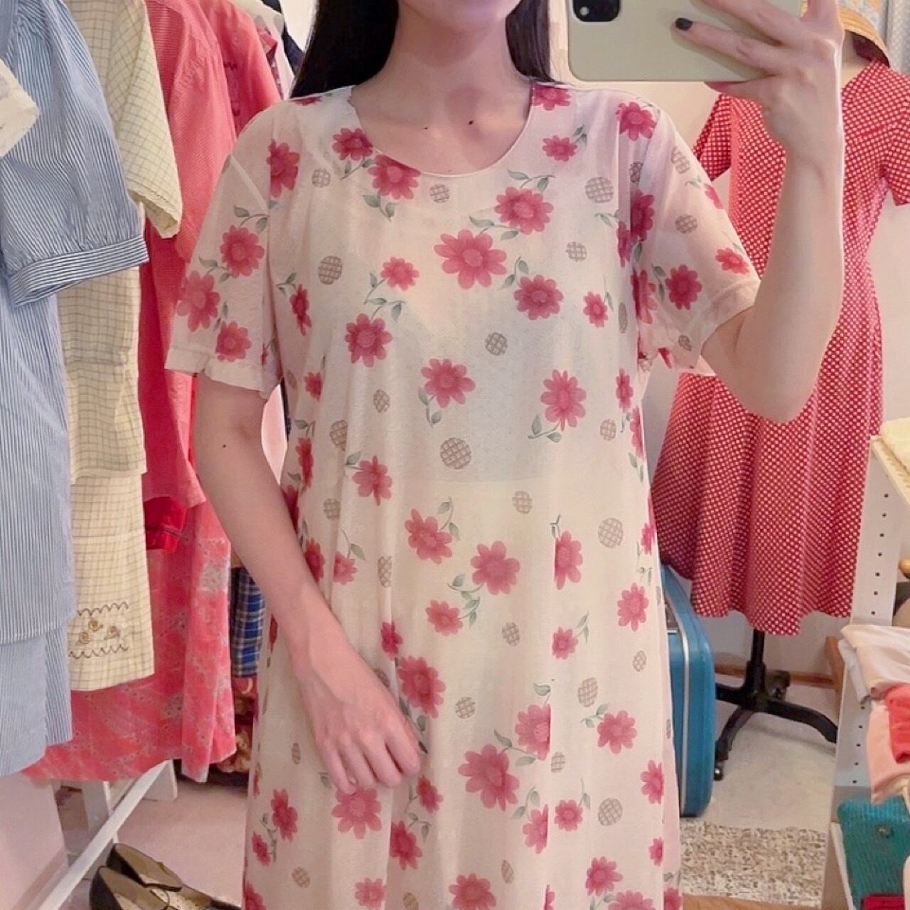 flower and check dot sheer one-piece