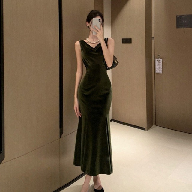 ワンピース ベルベット フィッシュテール デート ノースリーブ ダークグリーン S M L XL