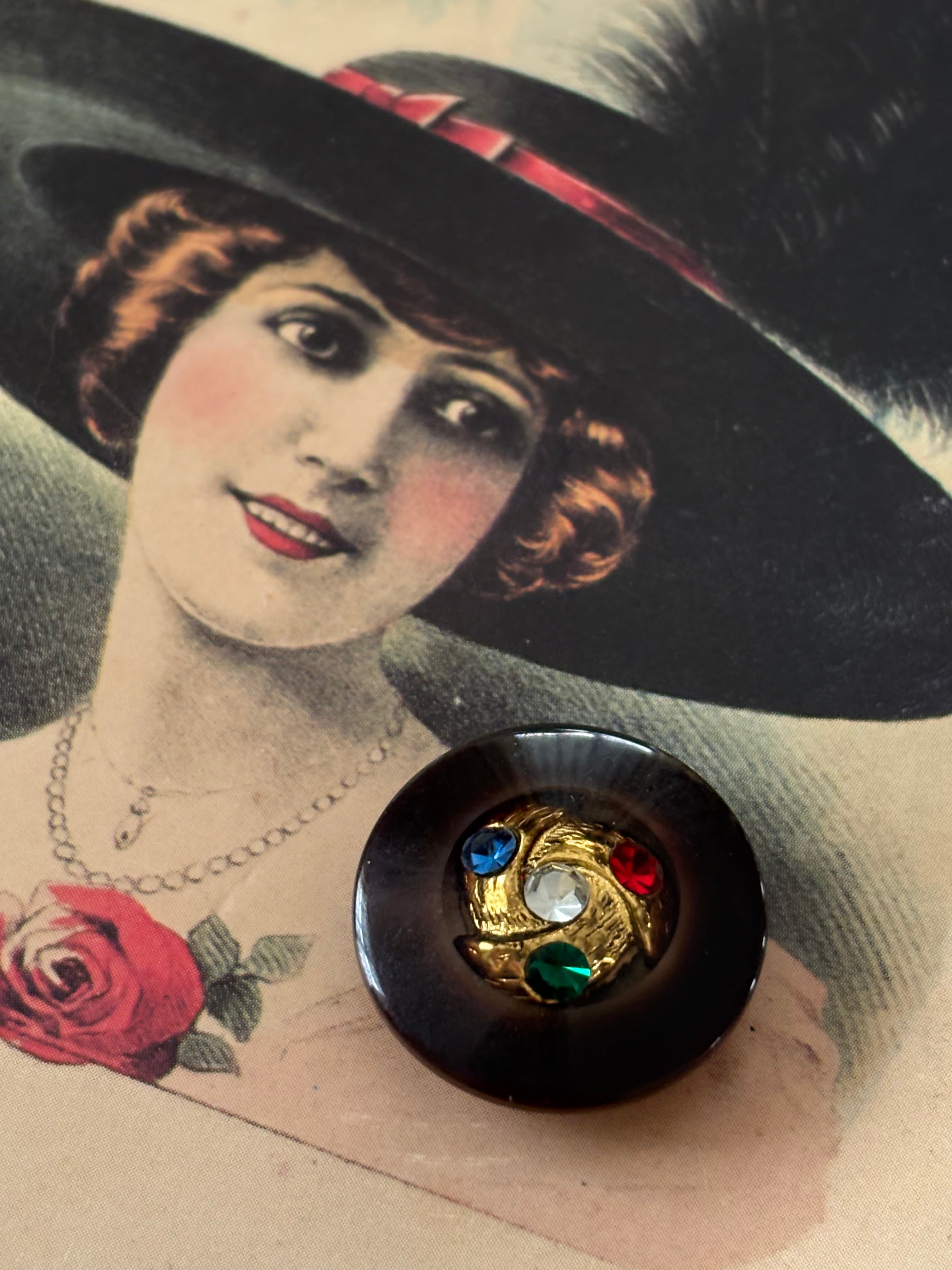 23mm Japanese Vintage ボタン ブラウン×ゴールド マルチカラー ストーン レトロ アクセサリーパーツ カルトナージュ デコレーション