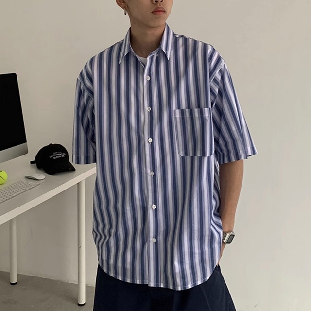 ★RETRO BLUE STRIPED TOURING SHIRT A0659