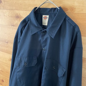 【Dickies】ワークシャツ 無地 長袖シャツ ネイビー L US古着