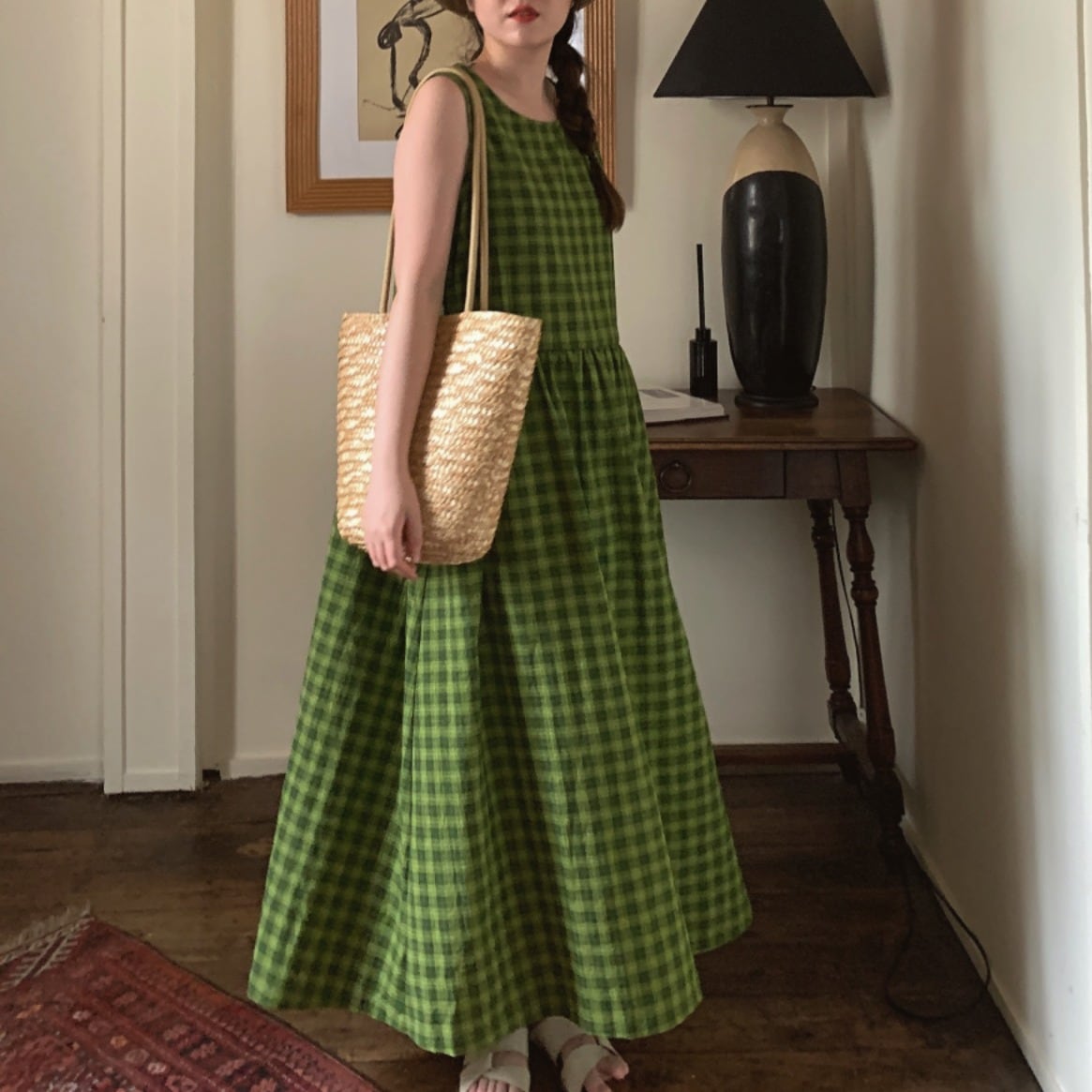 ギンガムチェック柄 マキシ丈ノースリーブワンピース 00096 | Mamma mia