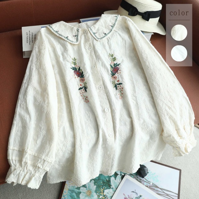 丸襟縁取りボタニカルお花刺繍ブラウス W2009