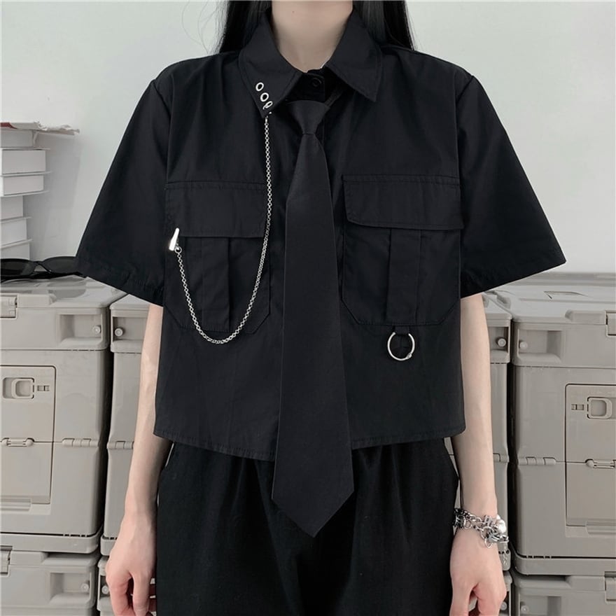 春夏服 半袖シャツ フラップポケット チェーン ブラック ホワイト 闇