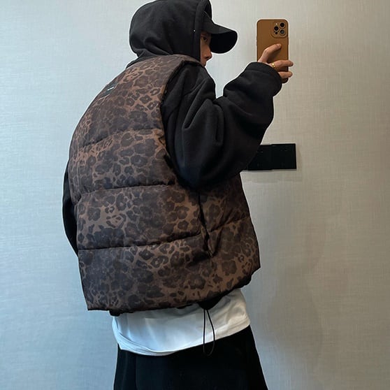 予約販売】ダウンベスト アウター ジップアップ アニマル柄 ヒョウ柄