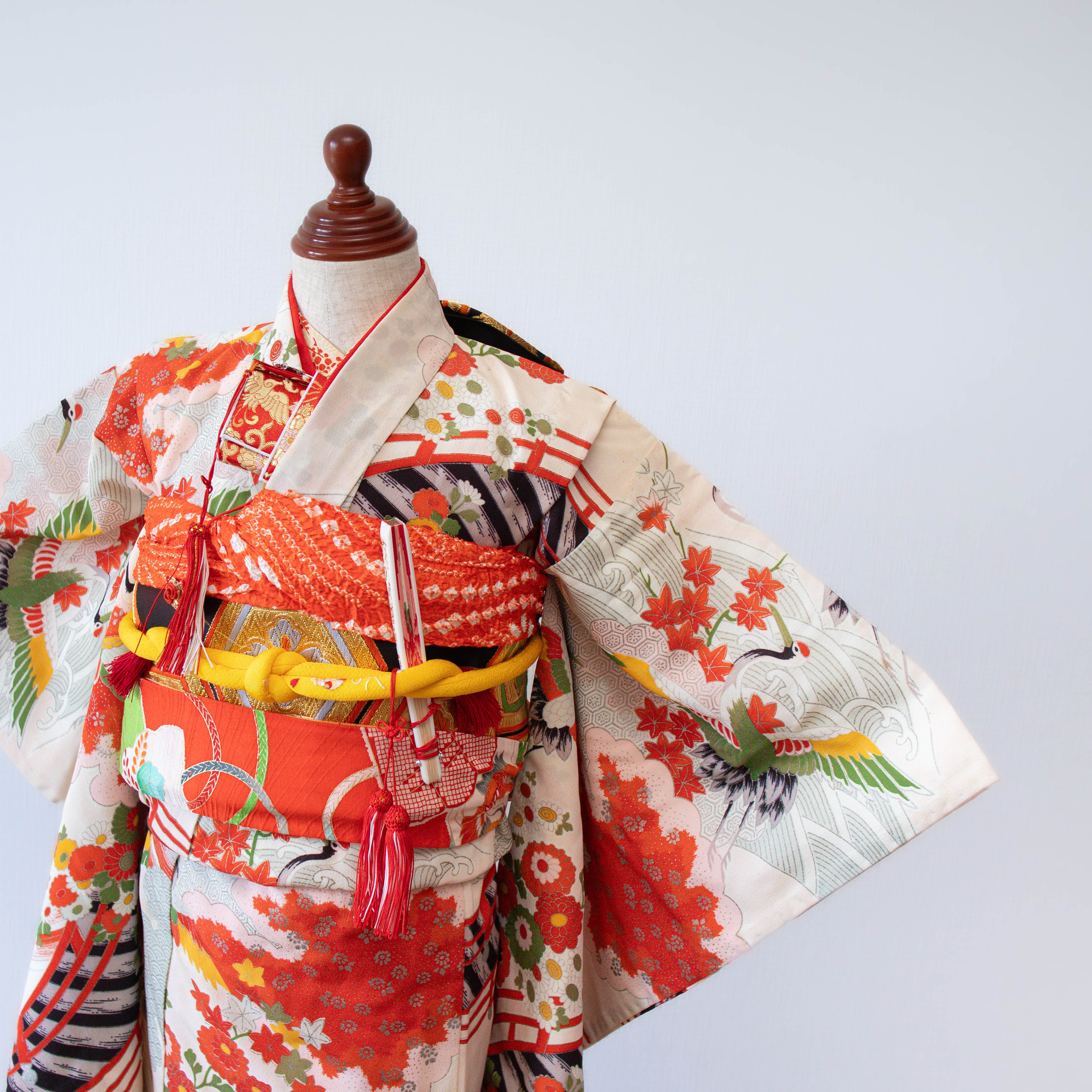 仕付け糸付き鶴セミアンティーク アンティーク着物ジュニア子供着物NO6